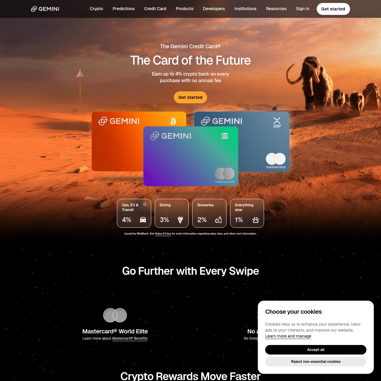 Gemini Credit Card official landing page showing up to 4% crypto back, no annual fee, and all card editions