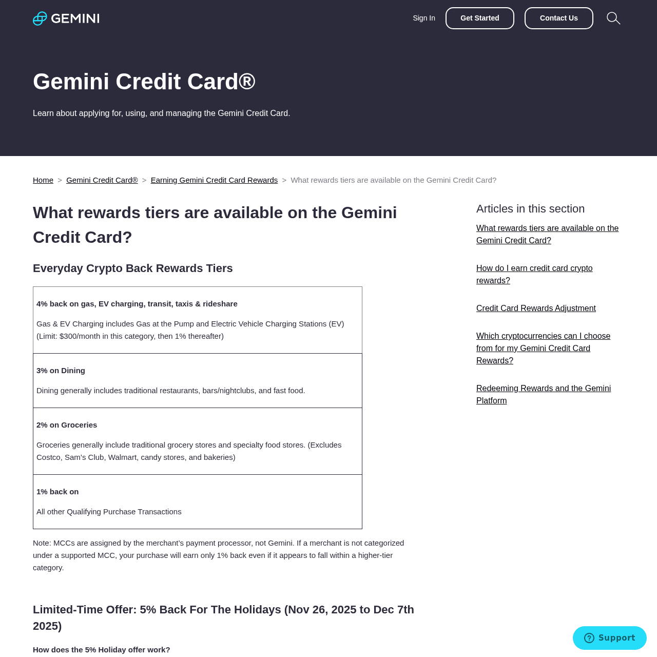 Gemini official rewards tier documentation showing 4% gas EV transit, 3% dining, 2% groceries, 1% other