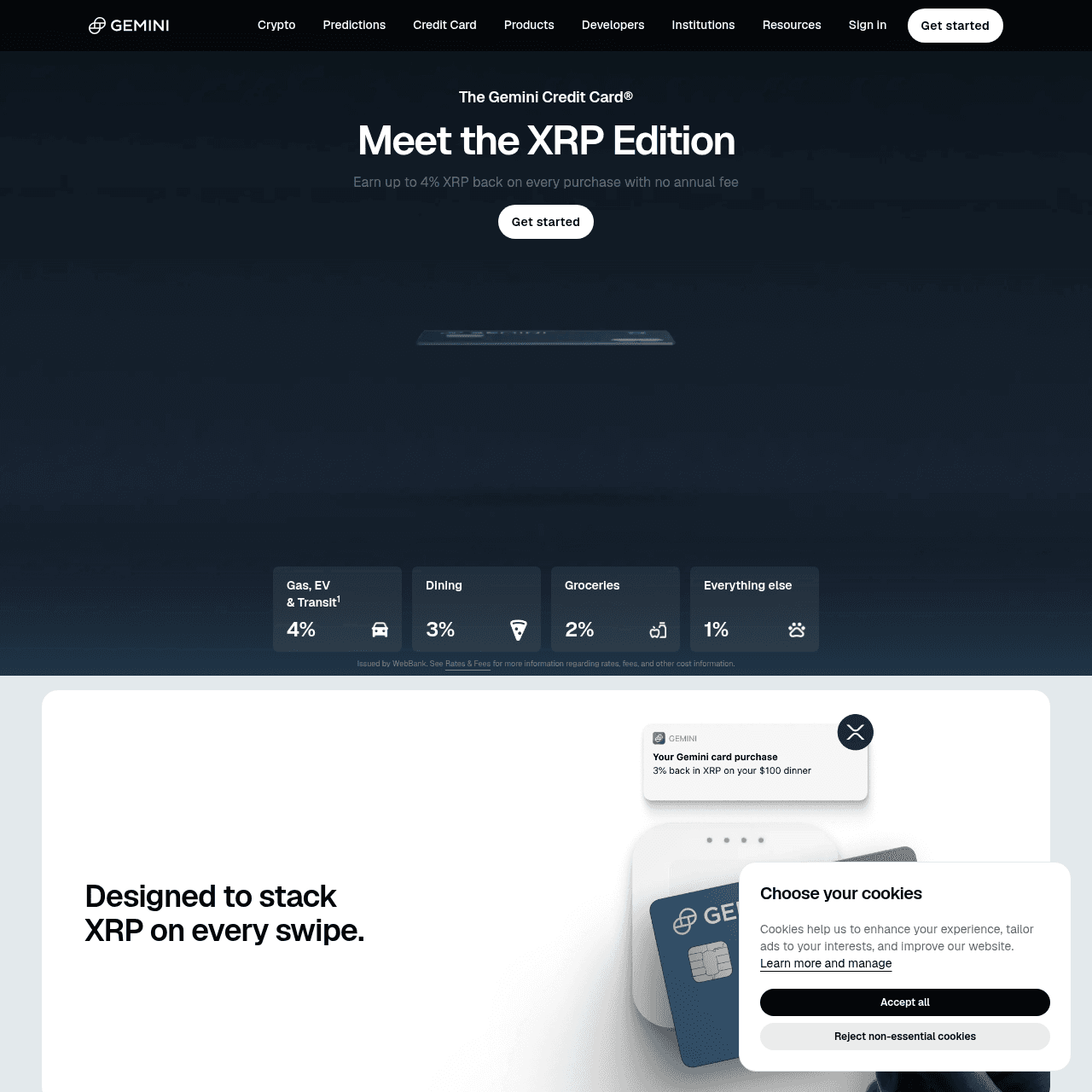 Gemini XRP Edition Credit Card showing XRP-branded metal card design and default reward asset