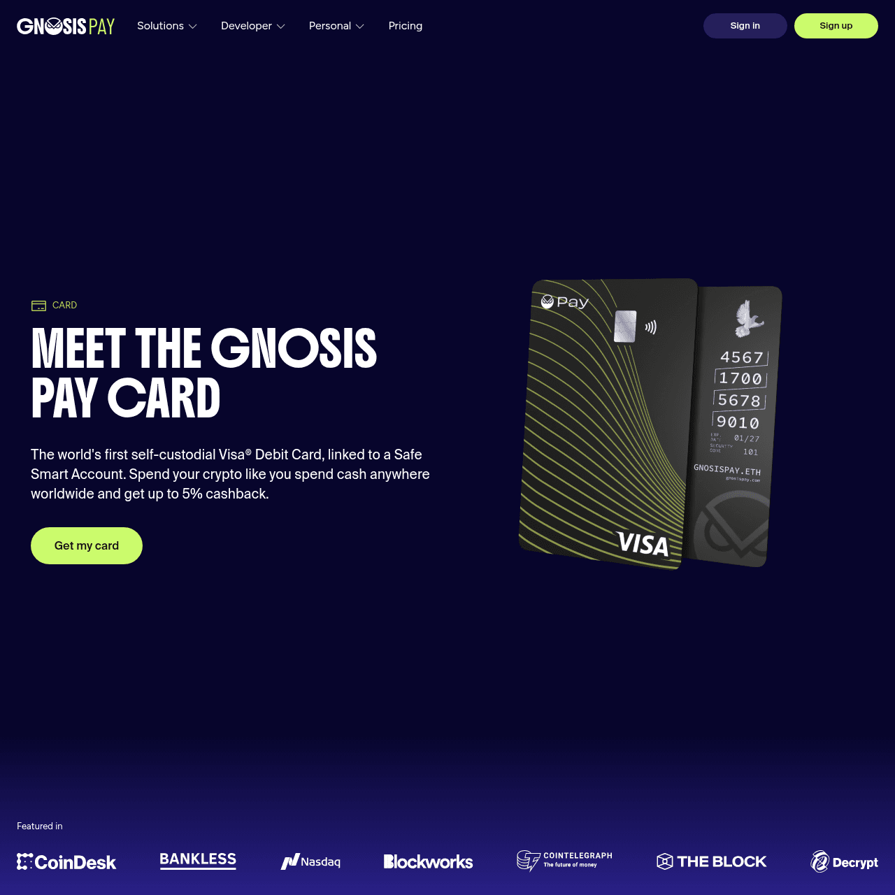 Gnosis Pay homepage showing self-custodial Visa card with Apple Pay support, ENS name customization, and zero fees