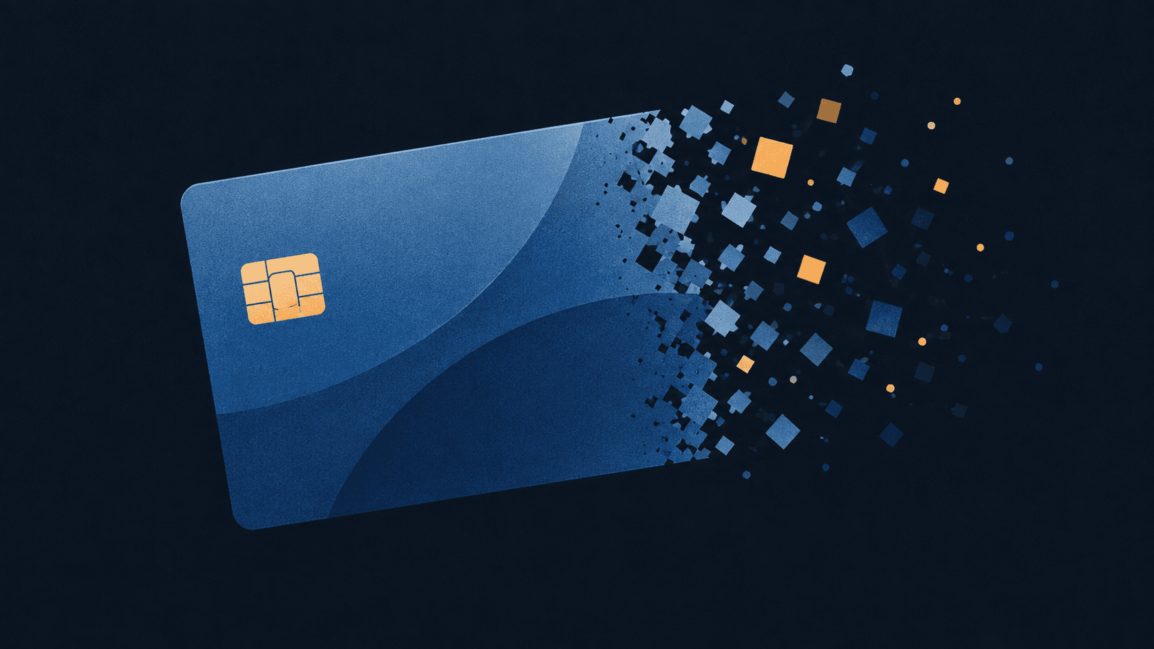 A flat steel-blue payment card tilted on a dark background, its right edge dissolving into small geometric particles that drift away and fade, with a single warm amber accent on the dissolving fragments