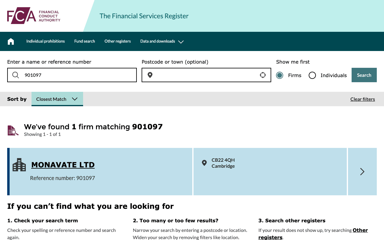 Screenshot of the FCA Financial Services Register search for reference number 901097 returning one firm matching, MONAVATE LTD, reference number 901097, registered at CB22 4QH Cambridge