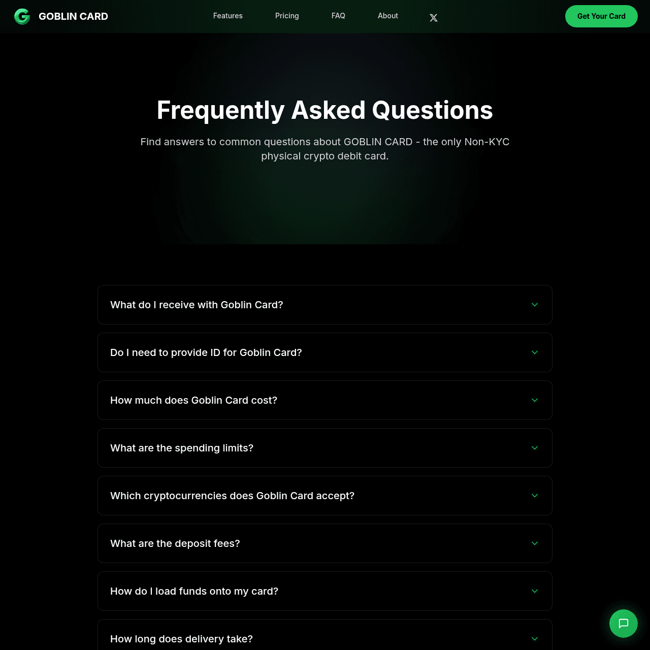 Goblin Card official FAQ page covering common questions about non-KYC card delivery and use