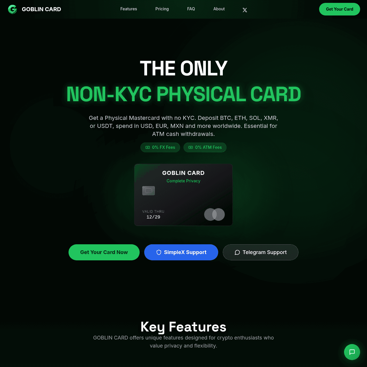 Goblin Card official homepage showing the only physical no-KYC crypto Mastercard with 0% FX and ATM fees