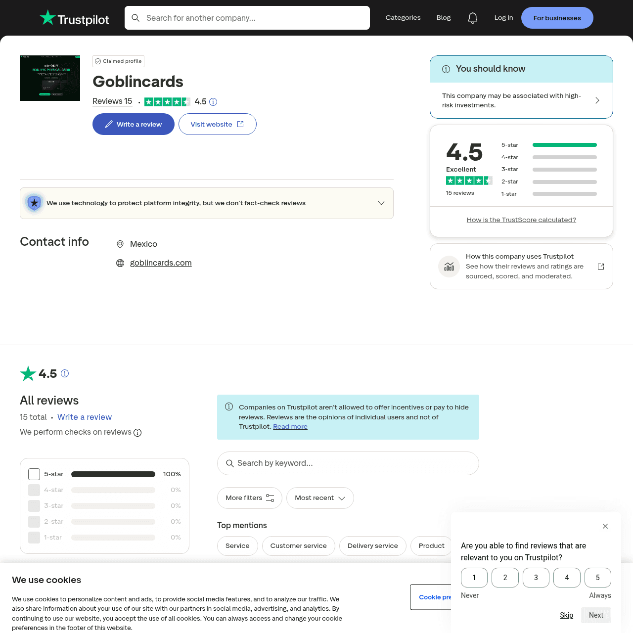 Goblin Card Trustpilot reviews showing 4-star rating from 15 user reviews