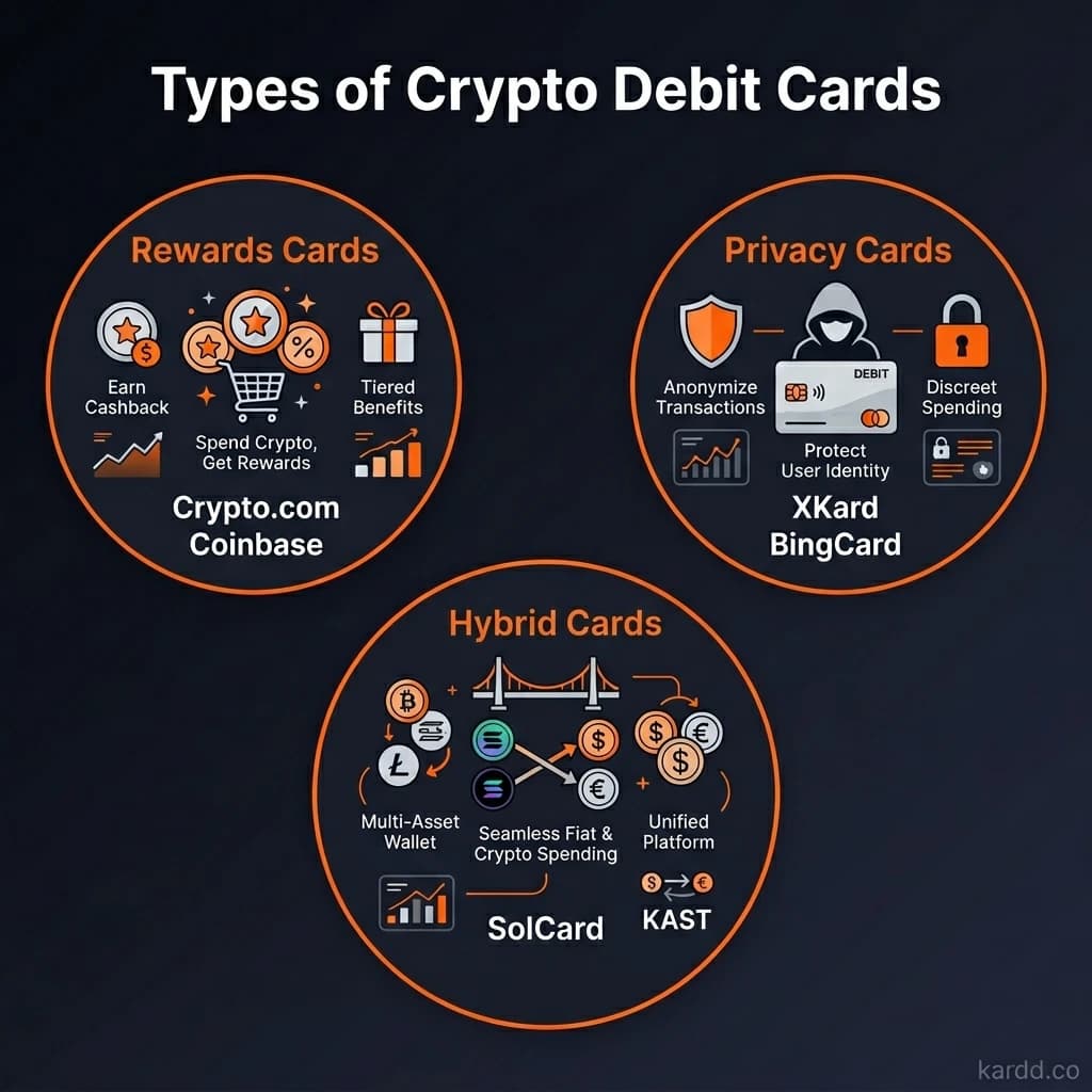 Three types of crypto debit cards