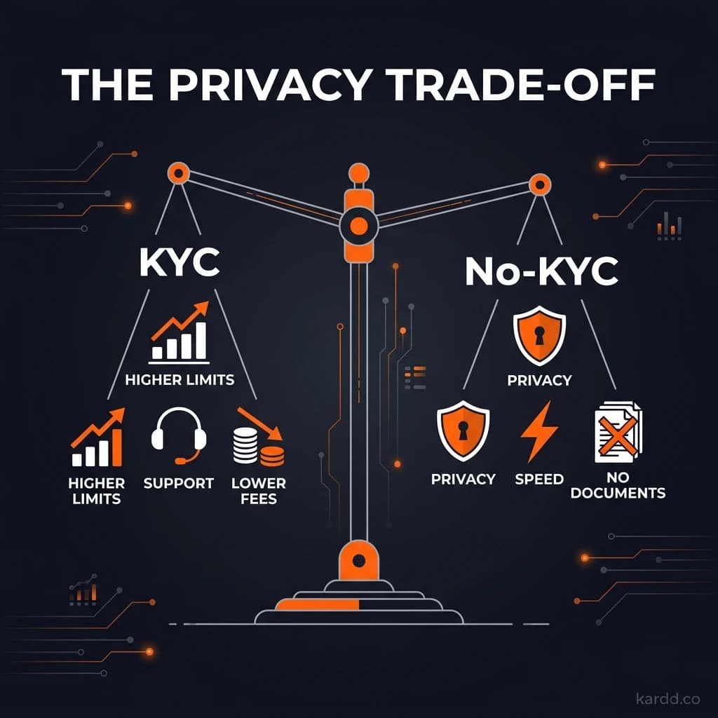 Privacy trade-off balance scale — KYC vs no-KYC