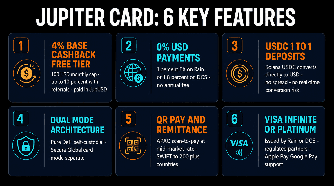 Jupiter Card 6 key features: 4% cashback, 0% USD fees, USDC 1:1 deposits, dual-mode architecture, QR Pay, Visa Infinite