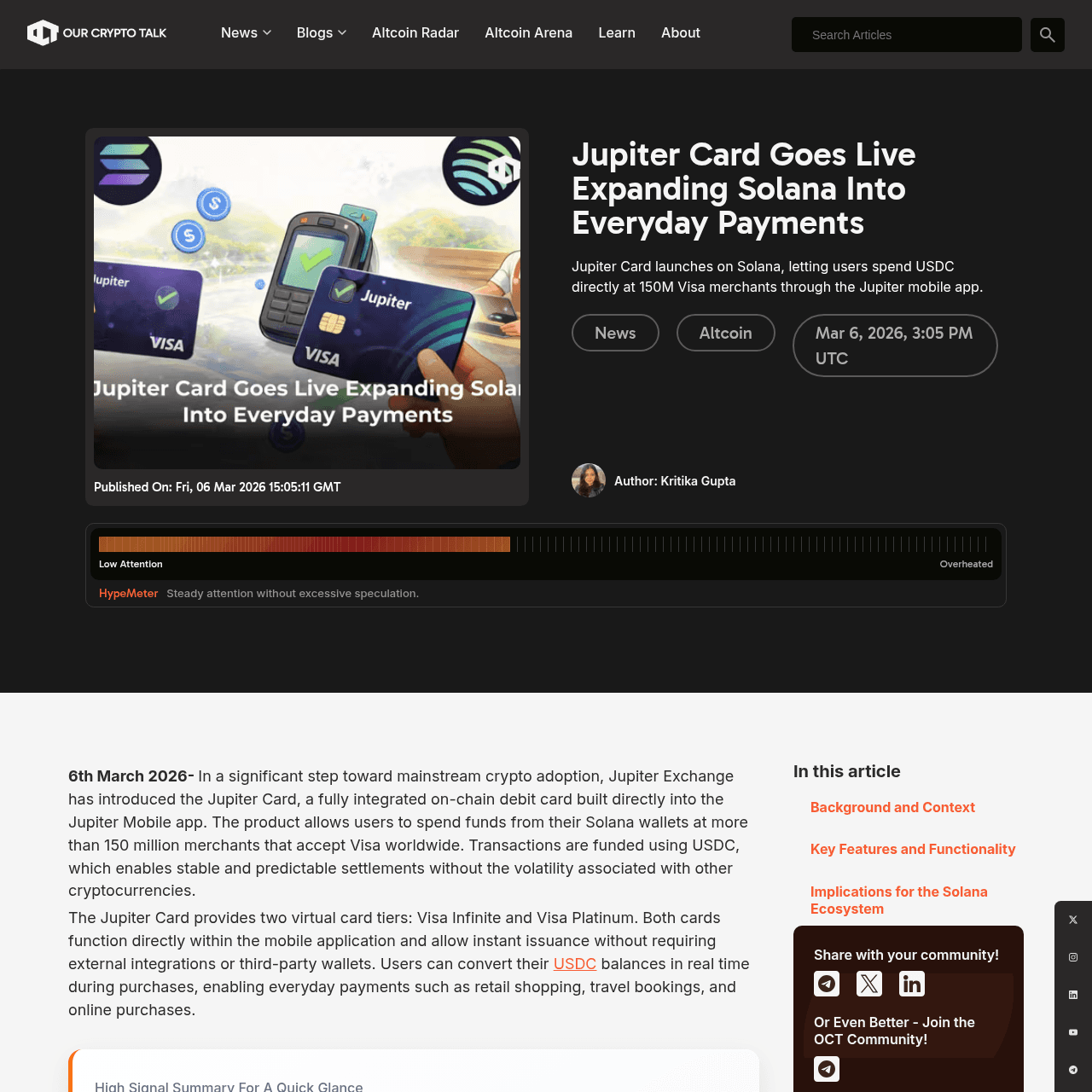 Jupiter Card launch news showing Solana USDC spending at 150M Visa merchants