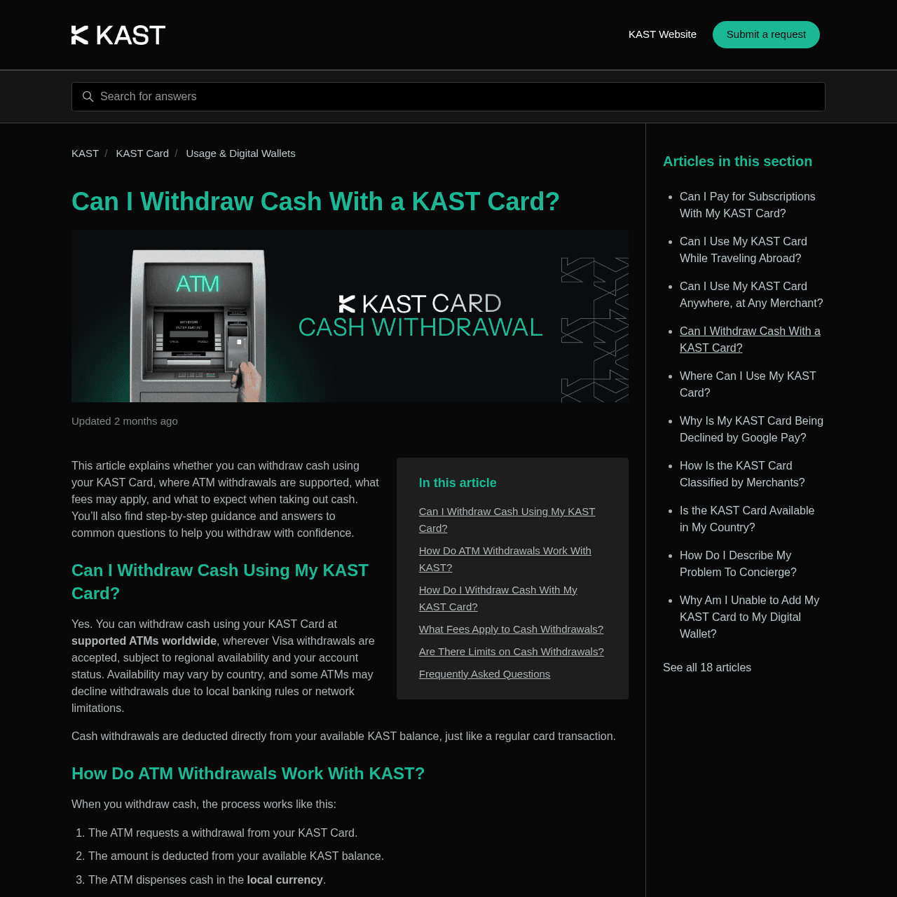 KAST Card ATM cash withdrawal help article showing how withdrawals work, fees, and limits at supported ATMs worldwide