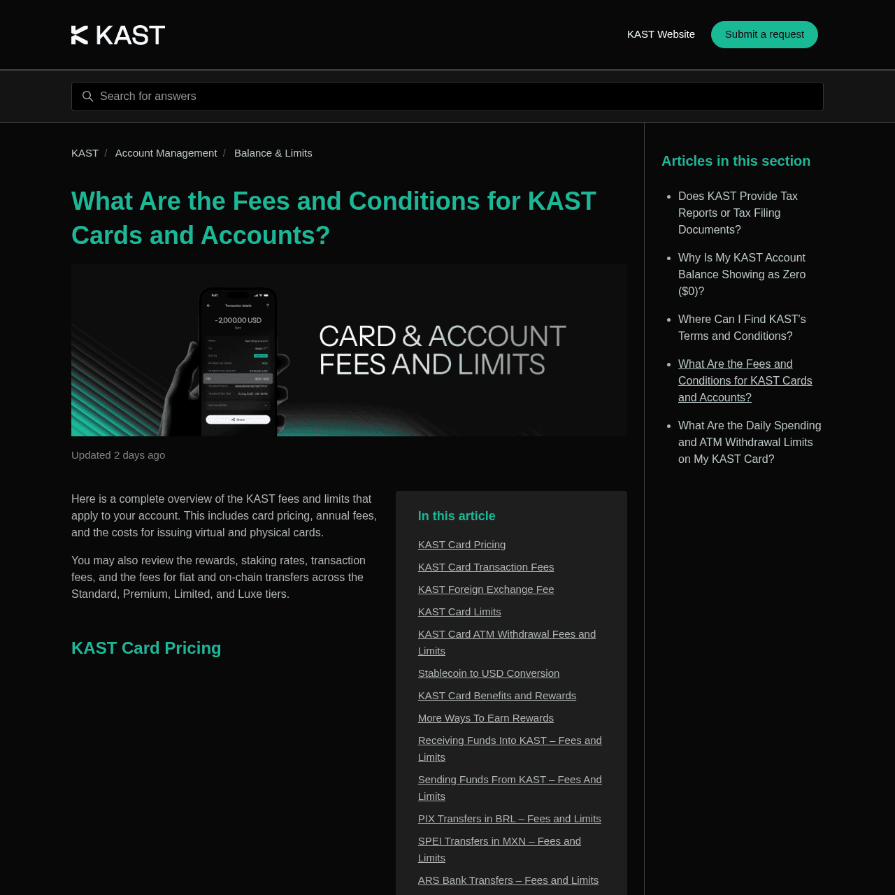 KAST Card pricing table from official help center showing Standard, Premium, and Private tier annual fees