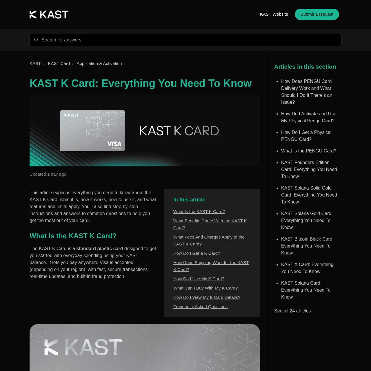 KAST K Card overview from official help center showing card design, features, and benefits
