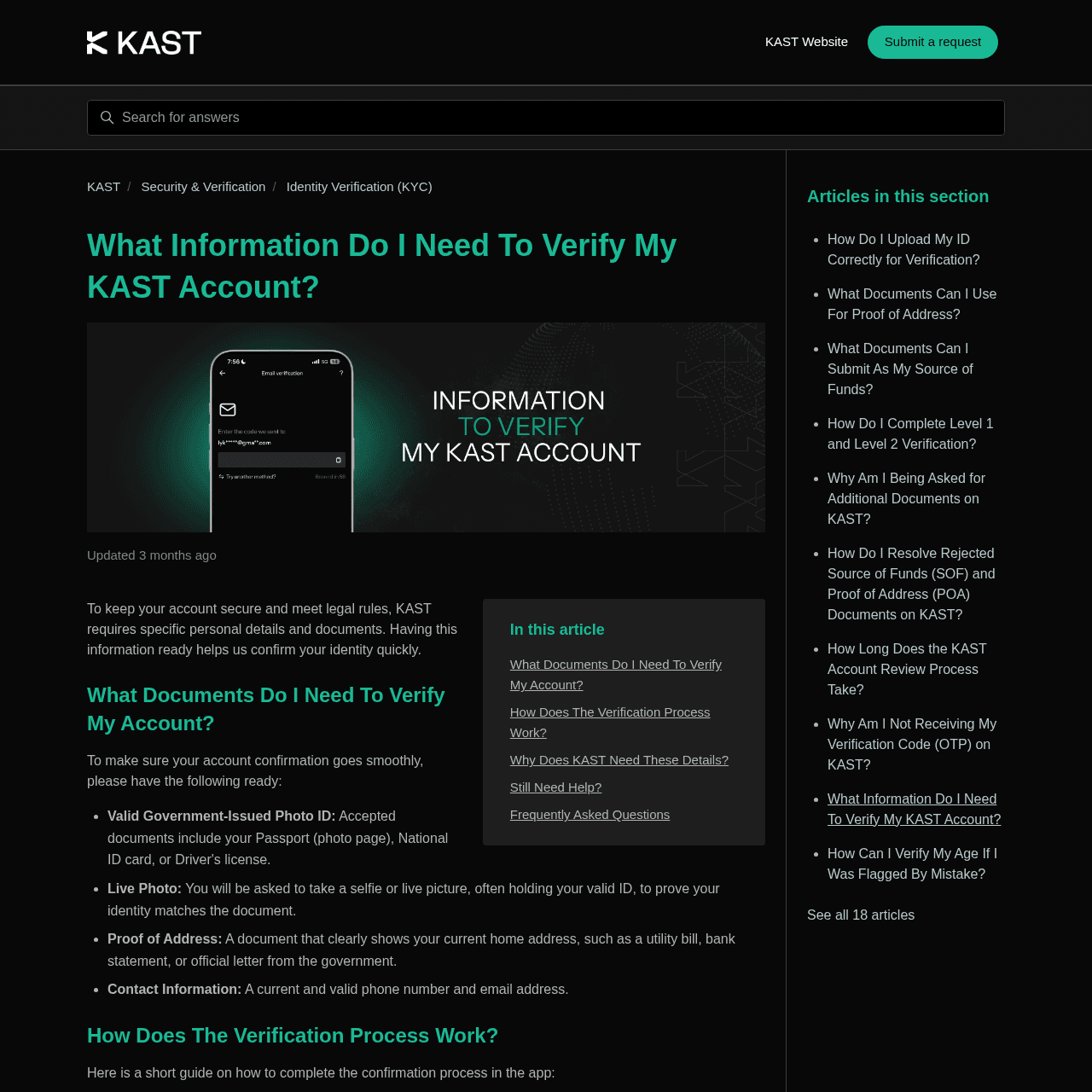 KAST Card KYC verification requirements: government-issued photo ID, live photo, proof of address, contact information