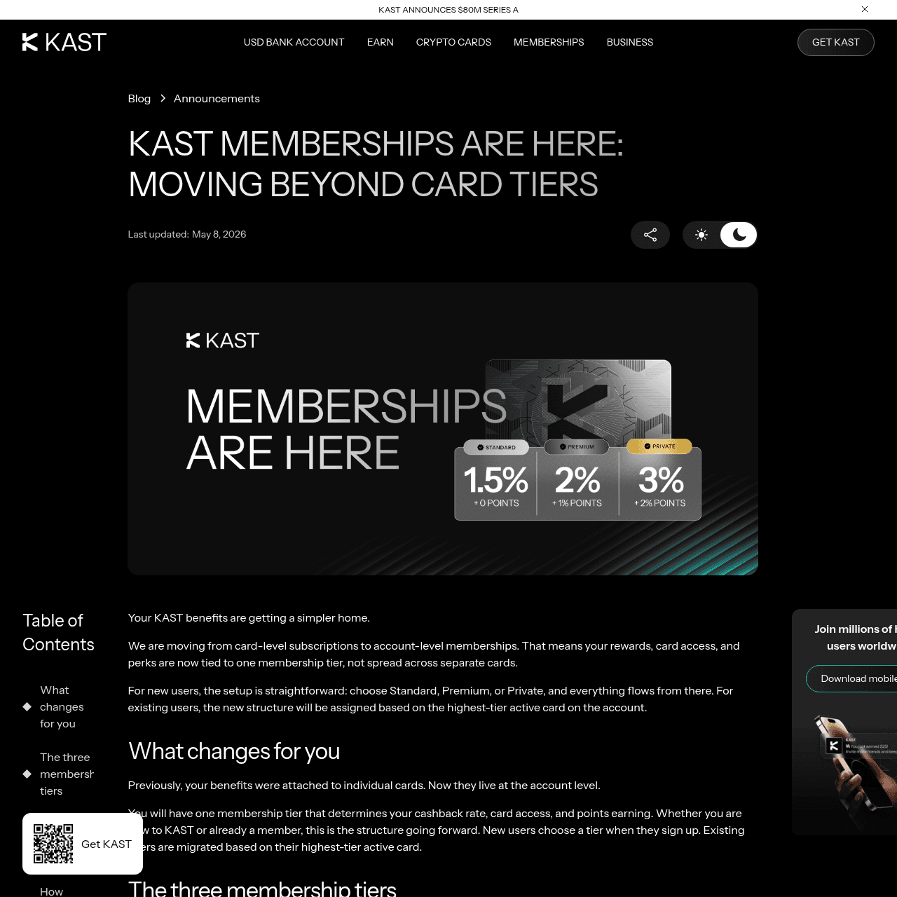 KAST membership tiers announcement showing Standard 1.5%, Premium 2%, Private 3% cashback structure