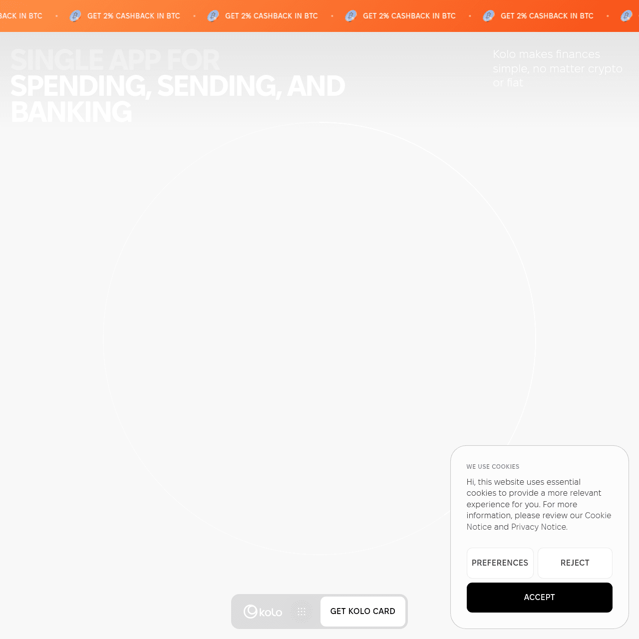 Kolo Card homepage showing 2 percent BTC cashback zero-fee Visa Platinum virtual card