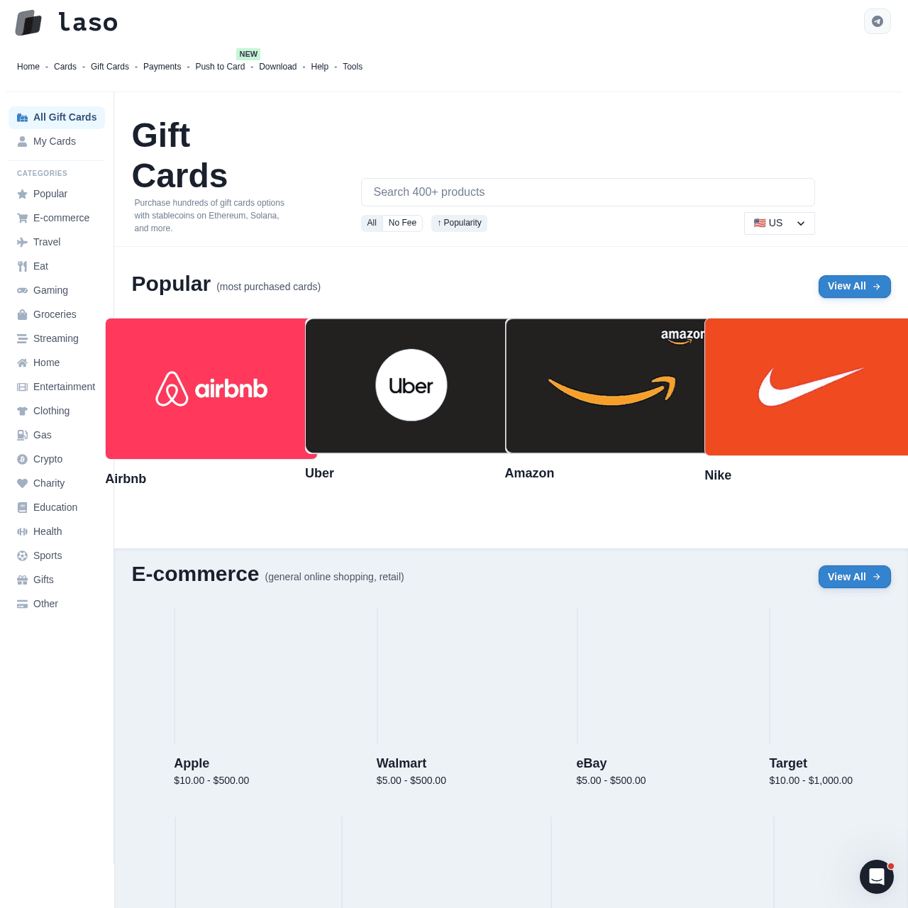 Laso Finance gift cards page showing 2000+ brands including Amazon, Uber, Nike, Airbnb, Walmart