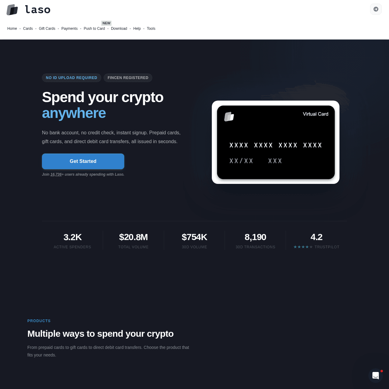 Laso Finance homepage showing 16,736+ users, $20.8M total volume, FinCEN registered status, no ID upload required