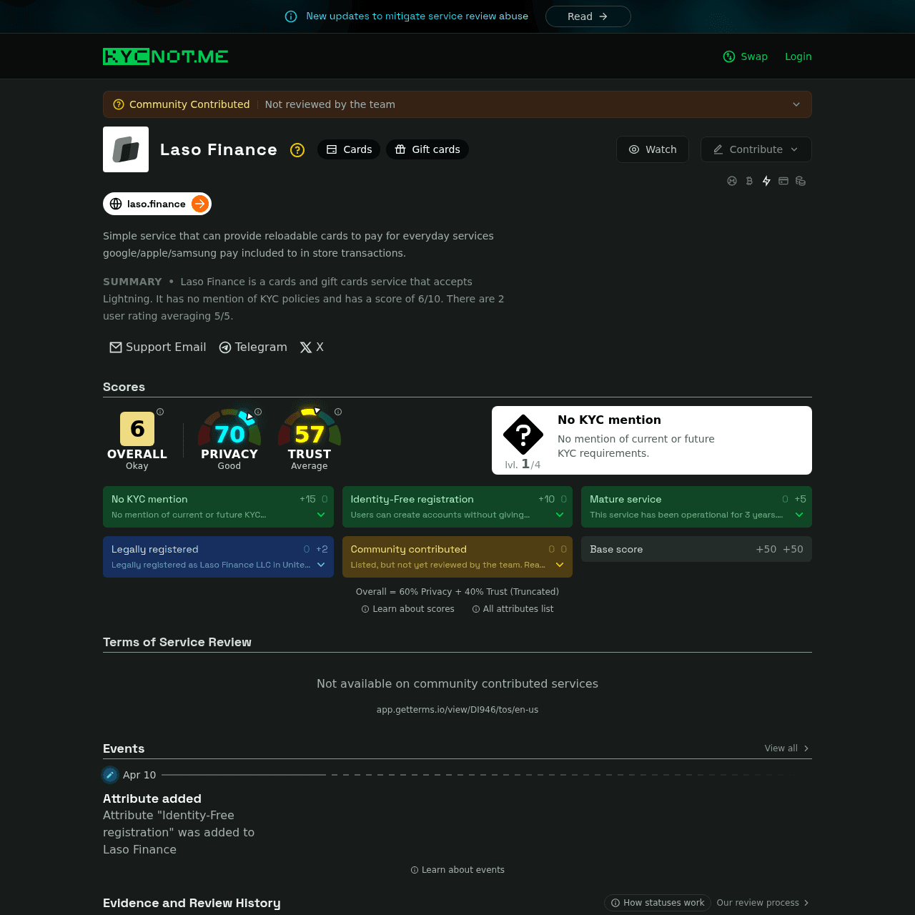 KYCnot.me independent privacy verification of Laso Finance with No KYC mention and Identity-Free registration badges