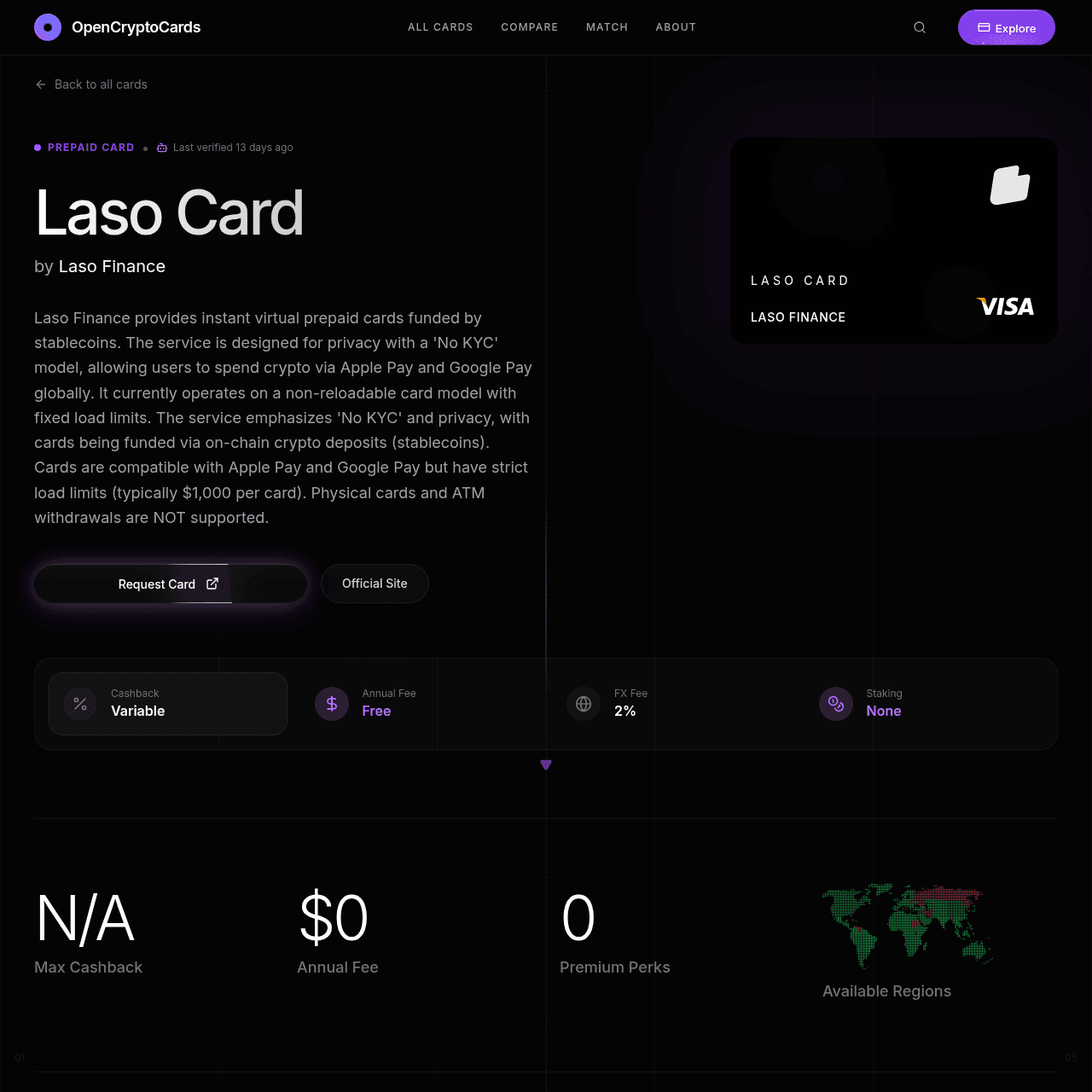OpenCryptoCards independent third-party Laso Card review showing Apple Pay support, multi-chain funding, $1000 per card limit