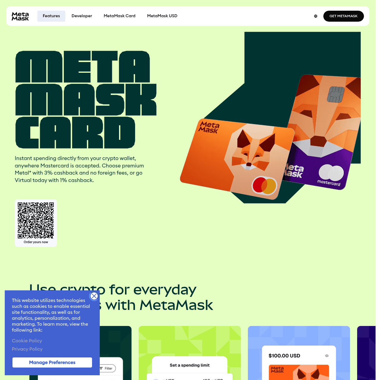 MetaMask Card homepage showing Virtual and Metal tier with mUSD cashback and Mastercard global acceptance