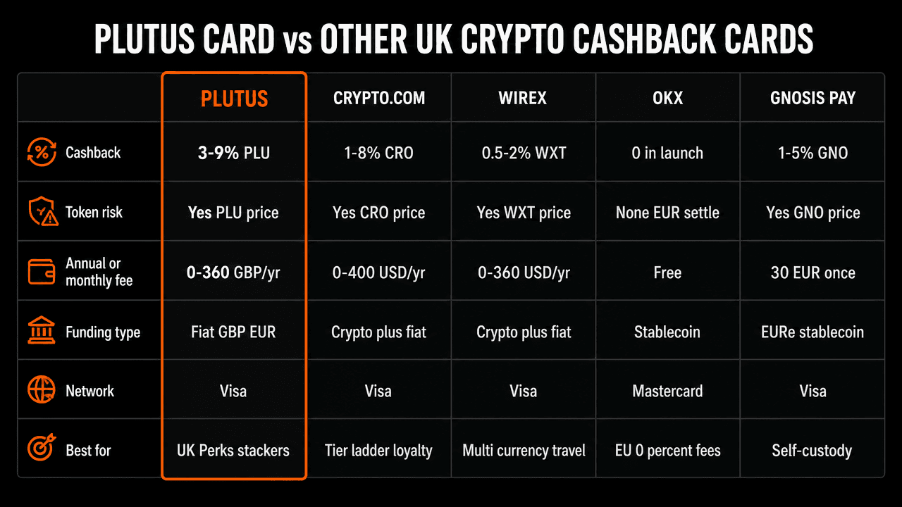 Plutus Card vs Crypto.com Wirex OKX Gnosis Pay UK comparison