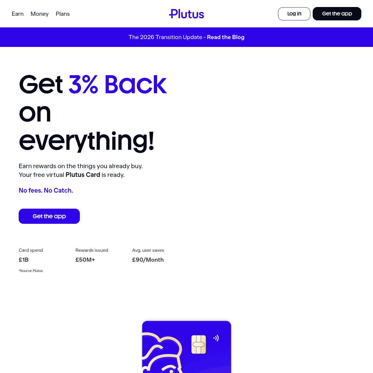 Plutus Card homepage showing 3 to 9 percent PLU cashback Visa debit