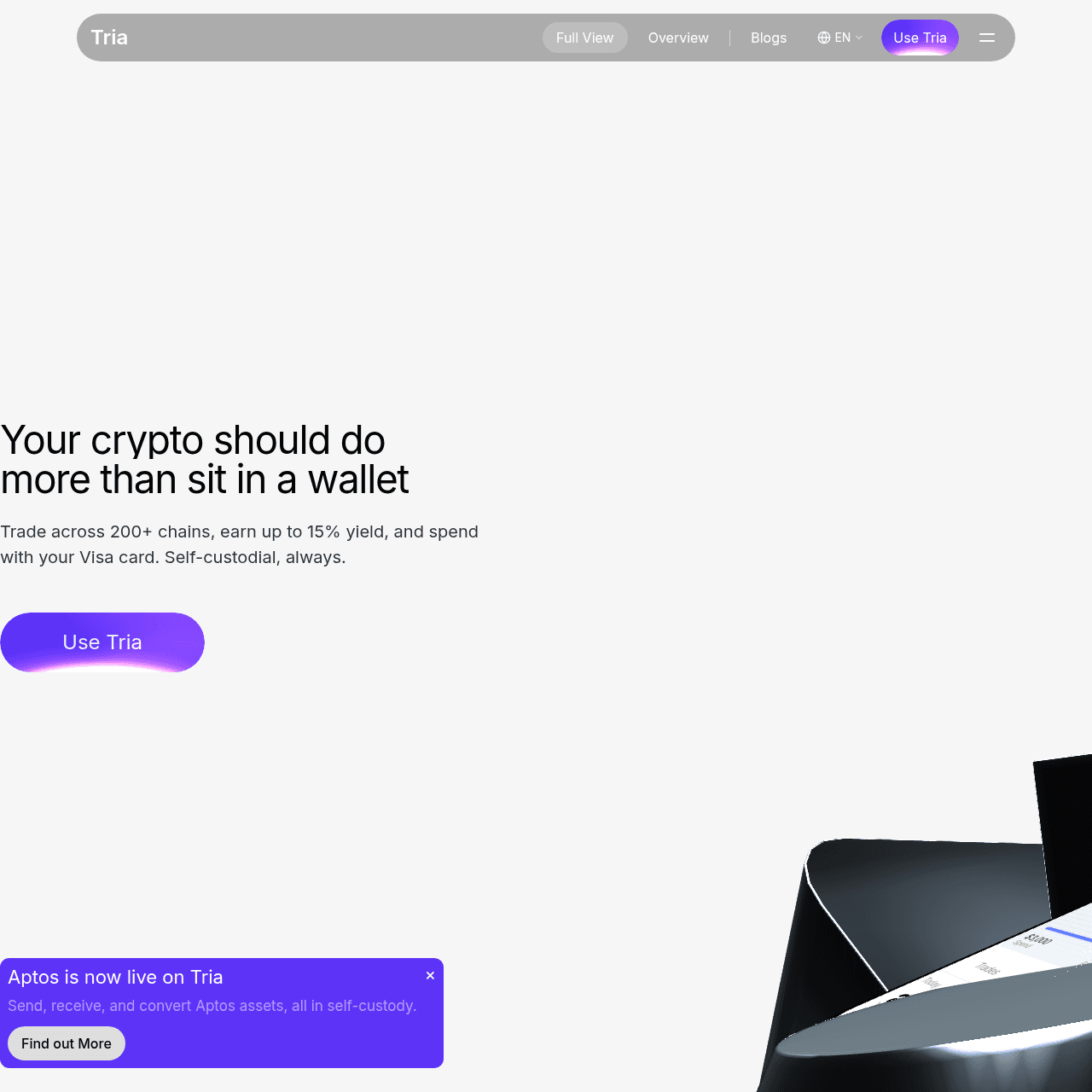 Tria official site showing self-custodial neobank app with Visa card, up to 6 percent cashback and 150 plus countries