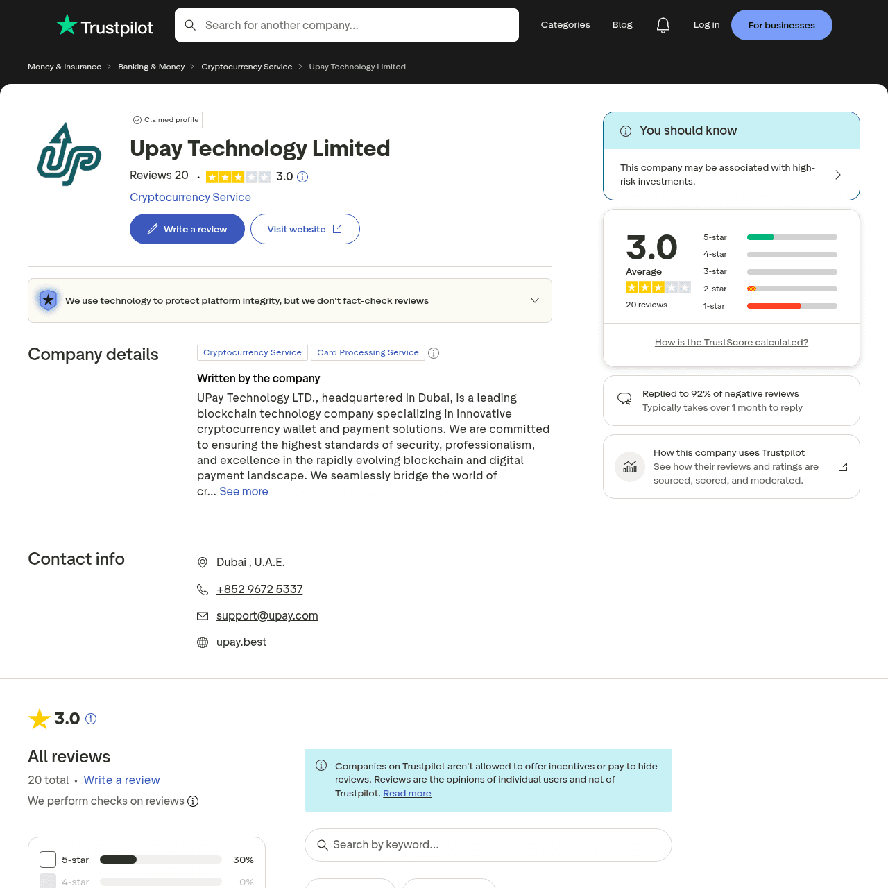 UPay Technology Limited Trustpilot reviews showing positive user feedback on crypto card experience