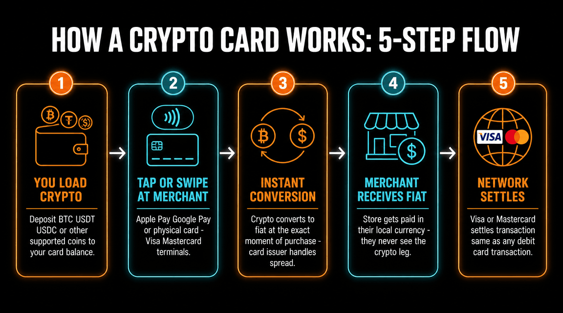 How a crypto card works in 5 steps: load crypto, tap at merchant, instant conversion, merchant receives fiat, network settles