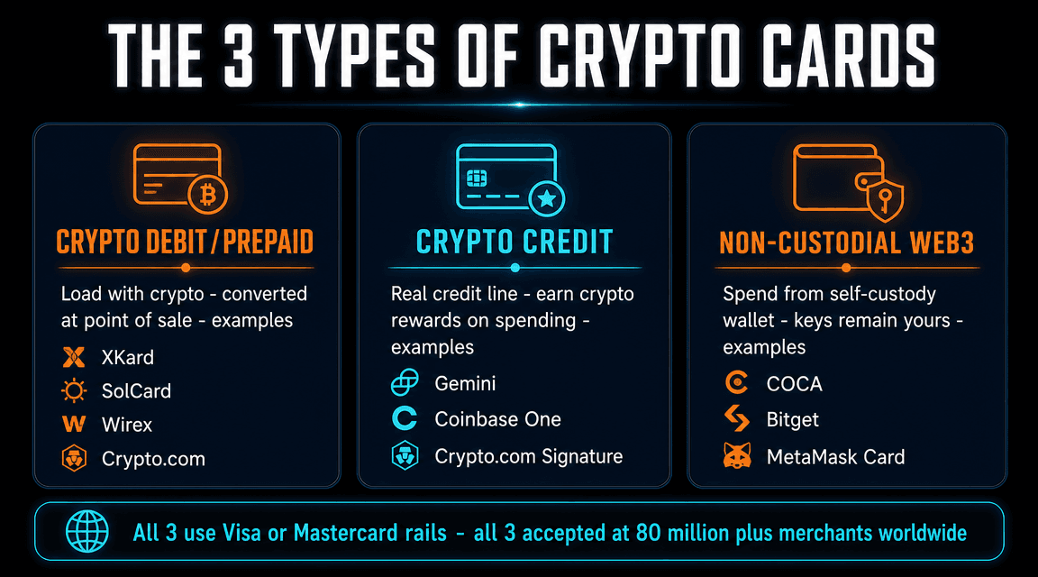 Three types of crypto cards: debit/prepaid, credit, and non-custodial Web3 cards with examples of each
